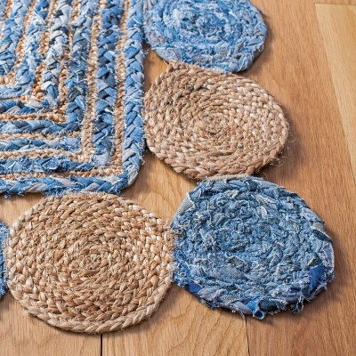 Handmade Blue Cotton Geometric Flat Woven Square Rug
