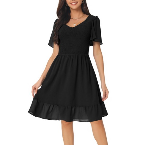 Seta T Women's Flowy Chiffon Summer Smocked V Neck Flutter Short Sleeve  Ruffle Casual Mini Dress Black Large