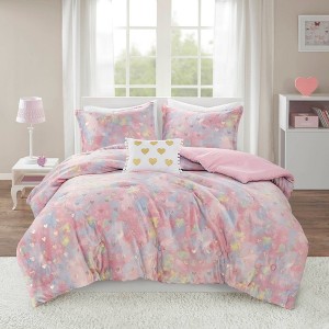 Sapphtopaz Comforter Sets with Metallic Love Heart Print Plush Bedding Set with Throw Pillow Ultra Soft Bedding Quilts - 1 of 4