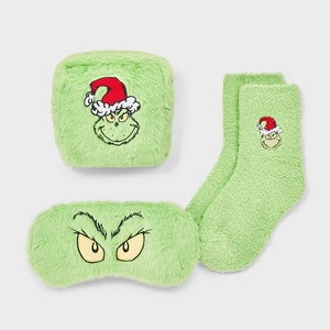Women's The Grinch Embroidered Faux Fur 3pk Cozy Gift Set with Reusable Pouch, Cozy Socks and Eye Mask - Green 4-10 - 1 of 4