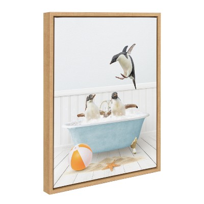 Natural Framed Canvas Art with Penguins in Beach House Bath, 18x24