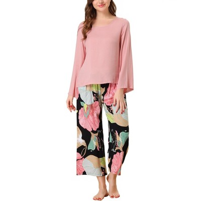 cheibear Womens 2pcs Long Sleeve Capri Pants Floral Lounge Set Sleepwear Pajama Sets