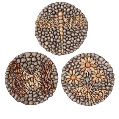 Plow & Hearth - Mosaic Garden Stepping Stones with Dragonfly, Butterfly, & Flower, Set of 3