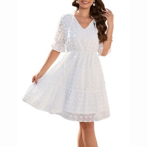 Women's Polka Dot Midi Dress Short Sleeve Tie Neck Wrap Style Casual Summer Sundress - 1 of 4