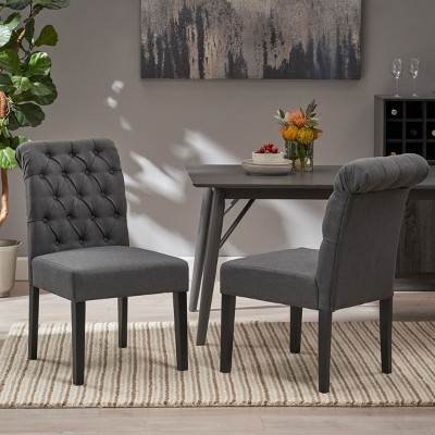 Set of 2  Tufted Dining Chairs with Rolled Top, Stain-Resistant Fabric, and Sturdy Wood Frame-Coolbibila