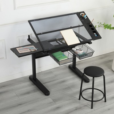 SKRAN Hand Crank Adjustable Drawing Drafting Table Desk With 2 Drawers And Stool Perfect For Home Office And School