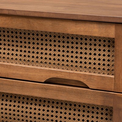 Walnut Brown Mid-Century Wood and Rattan 4-Drawer Chest