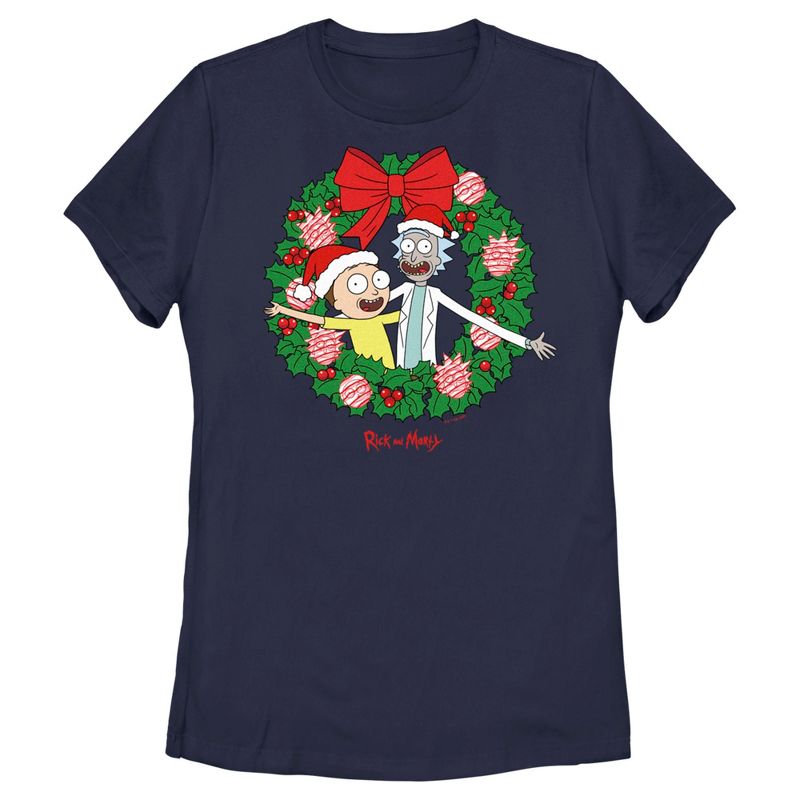 Women's Rick and Morty Christmas Wreath T-Shirt, 1 of 5