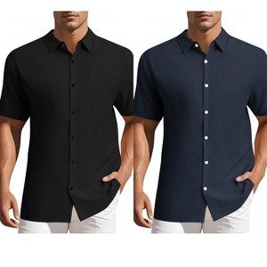 INSPIRE CHIC Men's Summer Point Collar Short Sleeves Button Down Linen Shirts 2 Packs - 1 of 4