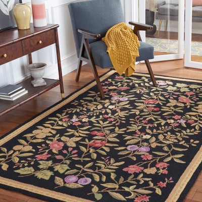 Black Floral Hand-Hooked Wool Small Rug
