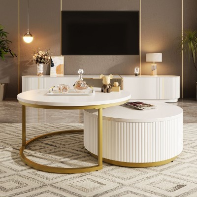 Conner Modern Round Nesting Coffee Table with Storage Drawer in Living Room, Indoor Furniture - Maison Boucle