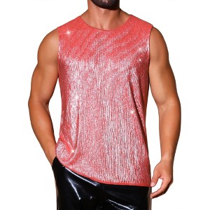 INSPIRE CHIC Men's Crew Neck Sleeveless Sparkly Disco Metallic Holographic Tank Top - 1 of 4