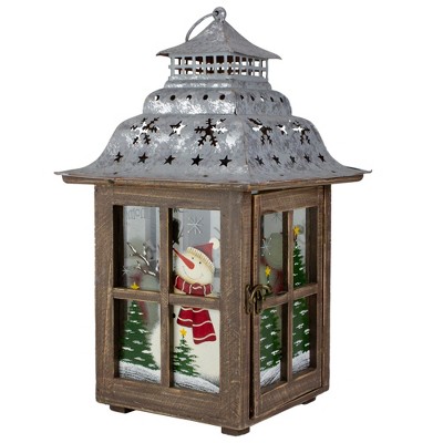 Rustic Wooden Snowman Christmas Lantern with Silver Roof, 16.5"