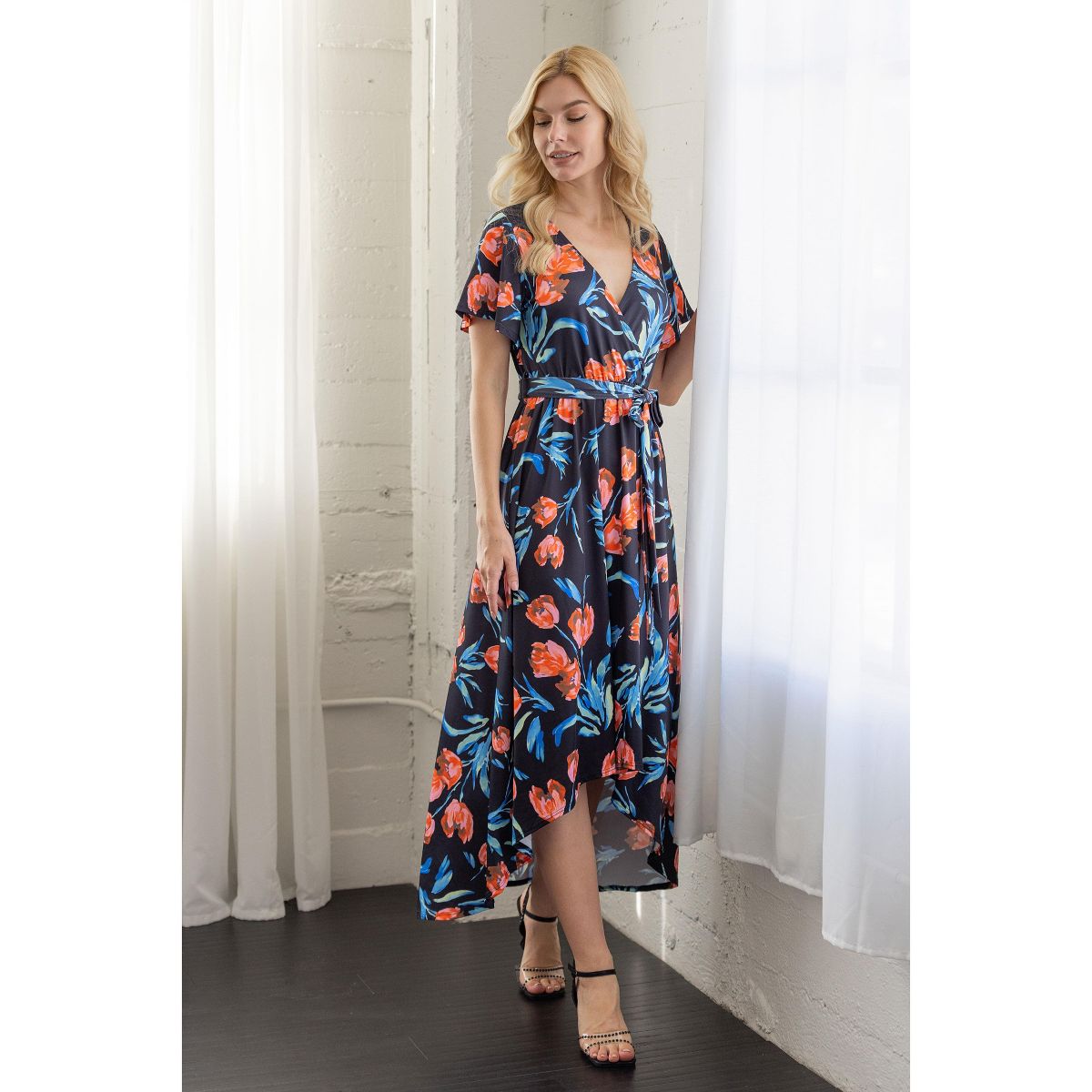 24seven Comfort Apparel Womens Black Floral V Neck Belted High Low Faux Wrap Dress - thumbnail 4