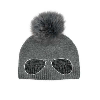 Women's Wo's Crystal Aviator Knit Hat With Real Fox Pom - Mitchie's Matchings