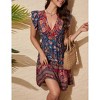 WhizMax Women's Boho Floral-Print Mini Dress Casual Short Sleeve V-neck High-Waisted Wrap Swing Ruffle Summer Dress - 2 of 4
