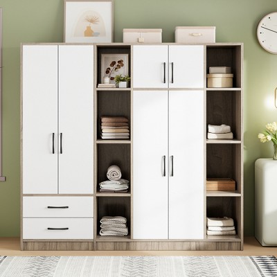 TIRAMISUBEST 6-Door Wardrobe with Shelves & Drawers - Mobile Storage Cabinet with Locking Wheels & Adjustable Shelf | Spacious Closet Organizer