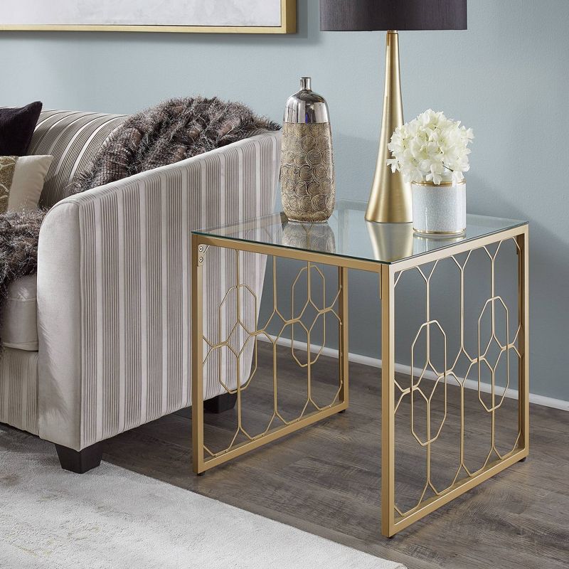 Khalilah Octagon Pattern Gold Metal and Glass End Table Gold - Inspire Q, 3 of 8