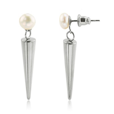 Slate by Rebl Pearl and Spike Dangle Earrings  Stainless Steel, 35.5mm with Button Pearl and Spike