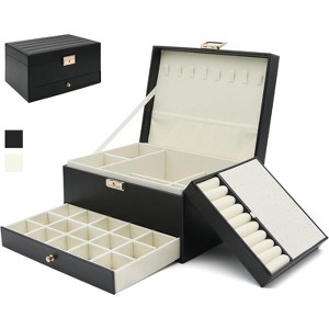3-Layer Leather Jewelry Organizer Box, Large Storage Case for Earrings, Rings, Necklaces & Watches, Olive Green - 1 of 4