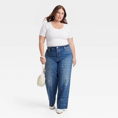 Women's Mid-Rise Embroidered Daisy Baggy Jeans - Universal Thread' Medium Wash - image 4