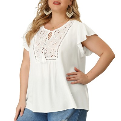 Agnes Orinda Women's Plus Size Ruffle Sleeve Eyelet Tie Neck Peasant Elegant Blouses