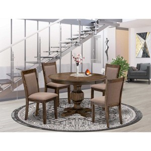 HomeStock 5-Pc Dining Set - Kitchen Pedestal Table and 4 Coffee Color Parson Padded Chairs with High Back - Distressed Jacobean Finish - 1 of 4