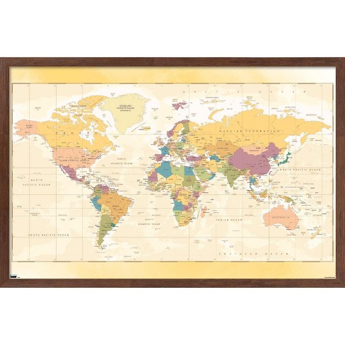 Trends International Map - Pastels Framed Wall Poster Prints Mahogany ...