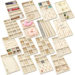 16-Piece Stackable Velvet Jewelry Trays with Dividers, Drawer Organizer for Earrings, Rings and Necklaces, Beige - 1 of 4