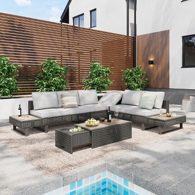 4 PCS Outdoor Patio Furniture Set, Wicker Sectional Sofa Set with Extendable Coffee Table, Rattan Modular Conversation Set for Backyard Garden