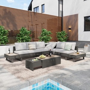 6-Piece Diamond Weave Patio Sectional Set with Extendable Coffee Table & Ice Box, Adjustable Reclining Backrest Gray/Khaki - ModernLuxe - 1 of 4