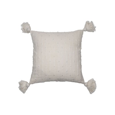 White 18 x 18 inch Decorative Cotton Throw Pillow Cover with Insert and Hand Tied Chenille Knots - Foreside Home & Garden