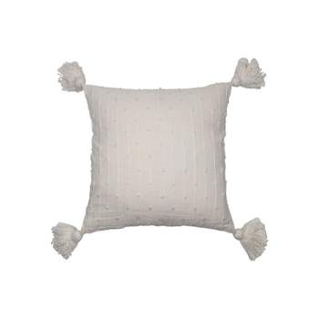White 18 x 18 inch Decorative Cotton Throw Pillow Cover with Insert and Hand Tied Chenille Knots - Foreside Home & Garden