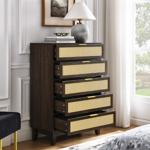 DOMETOUR Bedroom 5 drawer dresser, rattan dresser modern wooden chest of drawers with spacious storage space for bedroom hallway living room - 1 of 4