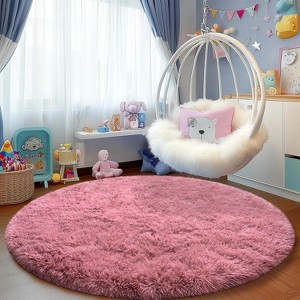 5ft Round Fluffy Area Rug, Soft Shaggy Circle Carpet for Bedroom, Kids Girls Boys Room - 1 of 4