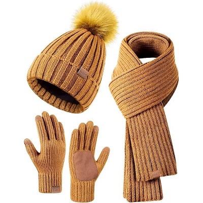 Fisfet Winter Beanie Hat Scarf Gloves Set for Women, Womens Beanie with Pom Pom Long Scarf Neck Warmer Touchscreen Gloves 3 in 1 Set
