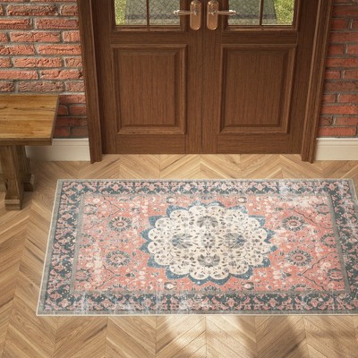 Blue Floral Rectangular Synthetic Washable Area Rug 50" x 20"