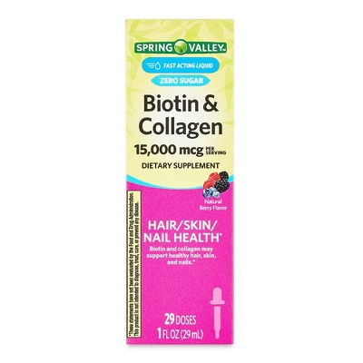 Spring Valley Biotin & Collagen Liquid, 15,000 Mcg, Natural Berry Flavor, 1 fl oz