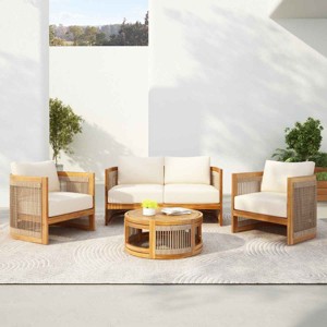 4 PCS Patio Seating Set, Curved Tub Design Chairs and Loveseat with Woven Rope Accents, Acacia Wood Chairs with Polyester Cushion-Coolbibila - 1 of 4