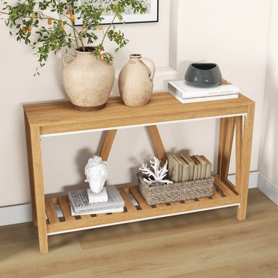 Vynxaria Console Table, Farmhouse Entryway Table with Storage Slatted Shelf, Rustic Sofa Table with Anti-Tipper for Living Room, Hallway, Brown