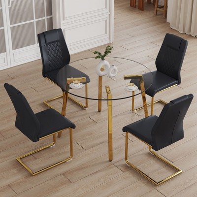 NicBex 5 PCS/7 PCS Dining Table Set,Round Tempered Glass Dining Table with Gold Metal Legs,4/6 PU Chairs for Kitchen/Apartment