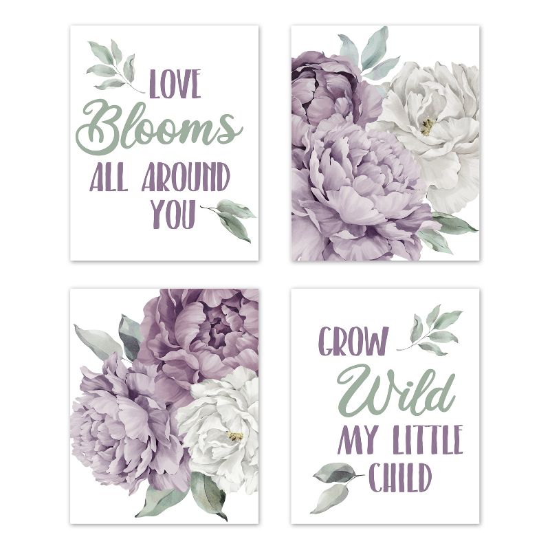 Sweet Jojo Designs Girl Unframed Wall Art Prints for Décor Peony Floral Garden Purple and Ivory 4pc, 1 of 6