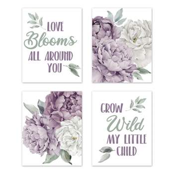 Sweet Jojo Designs Girl Unframed Wall Art Prints for Décor Peony Floral Garden Purple and Ivory 4pc