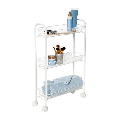 Slim White 3-Tier Wire Mesh Rolling Storage Cart