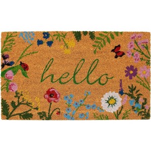 HomeRoots 24" X 36" Natural and Green Coir Floral Hello Outdoor Door Mat - 1 of 3