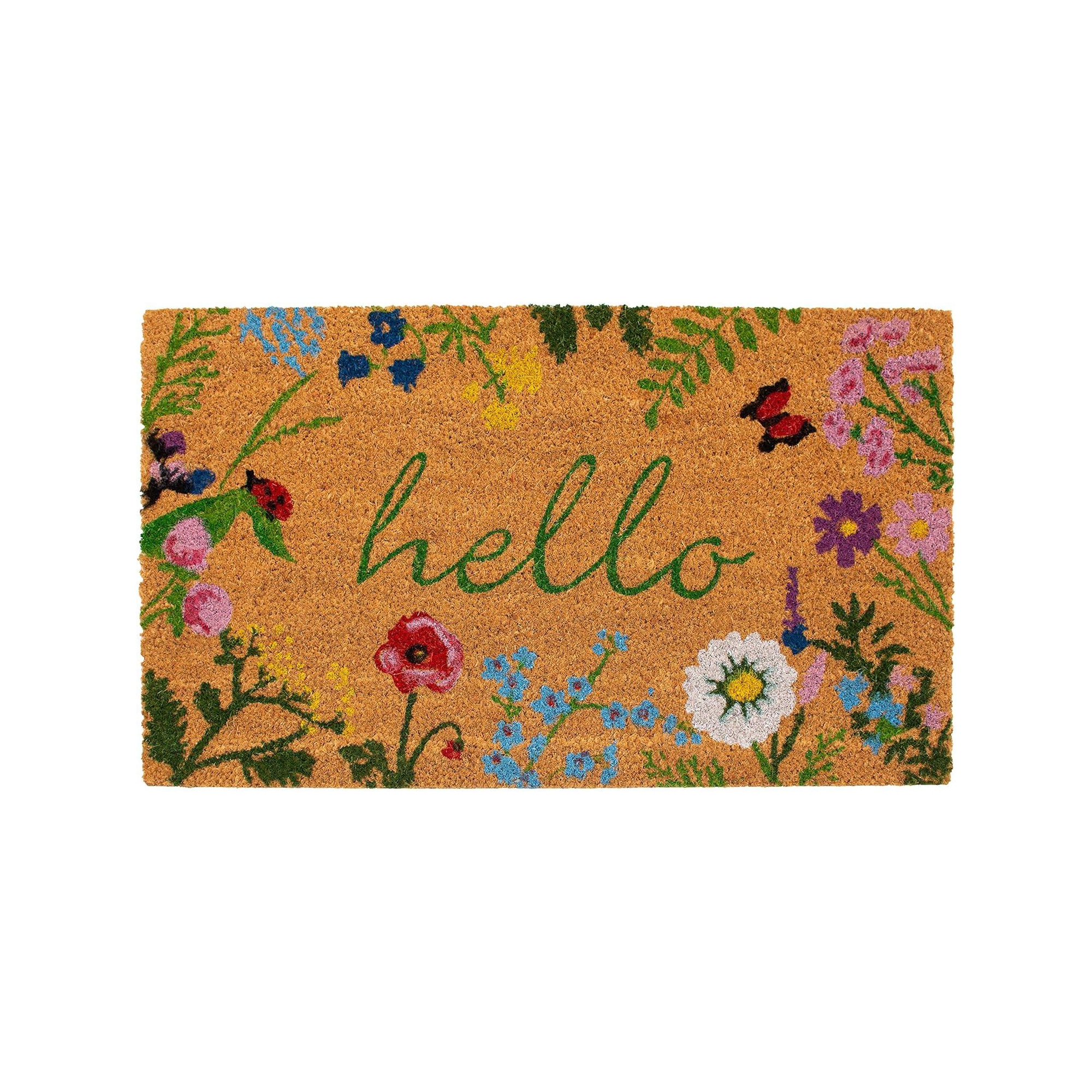 HomeRoots 24" X 36" Natural and Green Coir Floral Hello Outdoor Door Mat