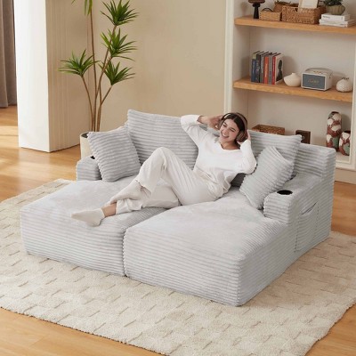Aukfa 71"Modern Corduroy Double Chaise Lounge Sofa with 2-Pillows,No Assembly Required with Cup Holders