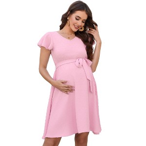 Coolmee Women's Summer Maternity Maxi Dress Short Flutter Sleeve V Neck A-Line Flowy Wedding Guest Long Sundress with Belt - 1 of 4