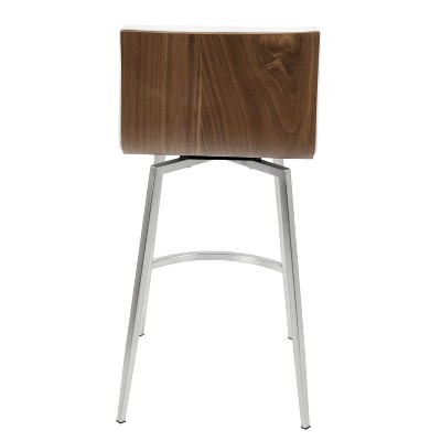 Set of 2 White Faux Leather Swivel Counter Stools with Walnut Wood and Stainless Steel