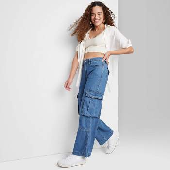 Buy Women Wide Leg Cargo 6 Pocket Jeans Women's Solid Mid Rise Clean Look  Regular Length Ice Wash Stretchable Denim State Pants Women's Flare Fit  Jeans (28, Black) at